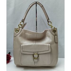 Coach Beige Pebbled Leather Buckle Front Pocket Zipper Closure Shoulder Bag